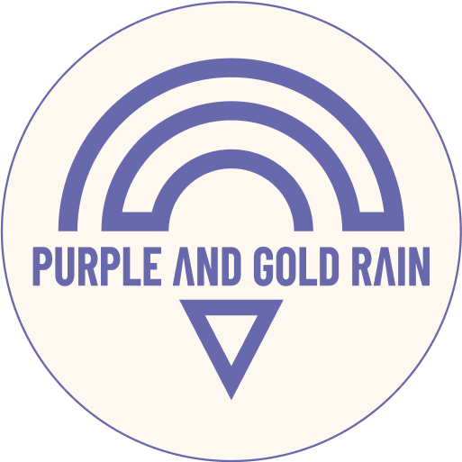 Logo rond blanc creme PURPLE AND GOLR RAIN ecrit en violet